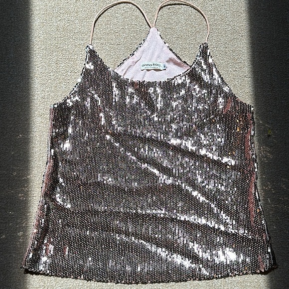 Pink sequin top M - sleeveless / spaghetti straps - Picture 5 of 7